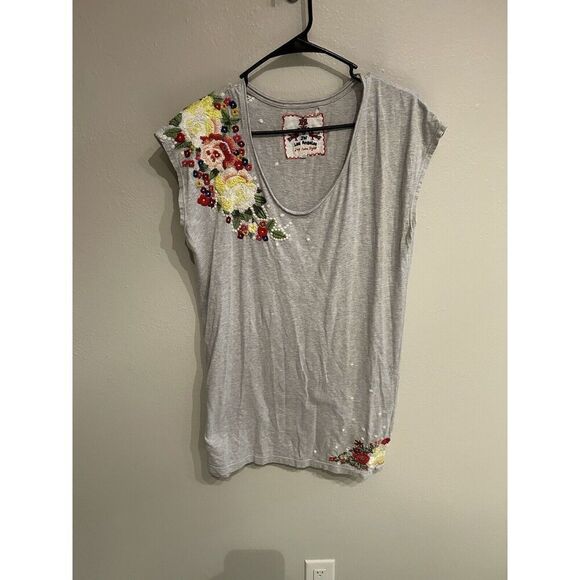 Johnny Was Womens Small Scoop Neck Embroidered Tunic Top Blouse Gray Floral - Picture 1 of 9